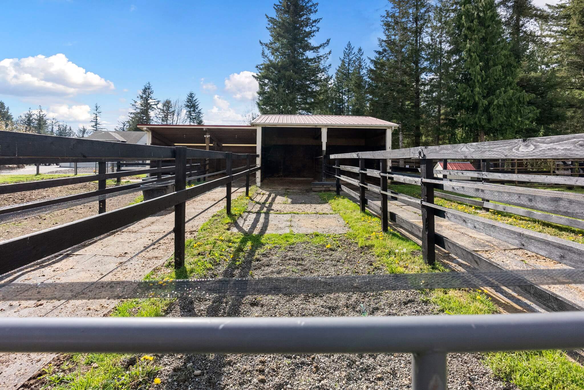 Third smaller barn with four run-in stalls, each with its own paddock